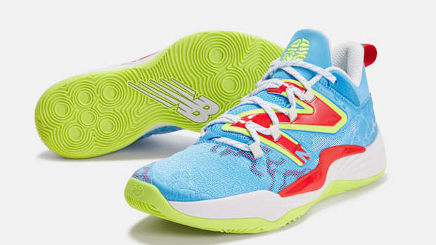 Jamal Murray's blue, green, and red New Balance shoes.